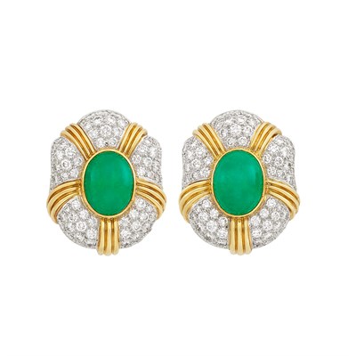 Lot 115 - Pair of Gold, Platinum, Cabochon Emerald and Diamond Earclips