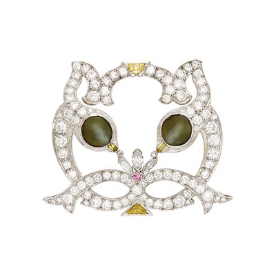 Lot 103 - Platinum, Cat's Eye Chrysoberyl, Diamond and Fancy Colored Diamond Brooch, Wedderien