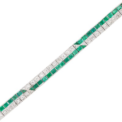 Lot 482 - Platinum, Diamond and Emerald Bracelet