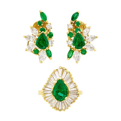 Lot 460 - Pair of Gold, Emerald and Diamond Earclips and Emerald and Diamond Ballerina Ring