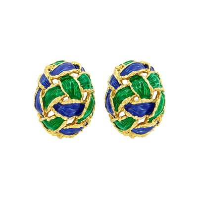 Lot 64 - Pair of Gold and Enamel Bombé Earclips, Kutchinsky