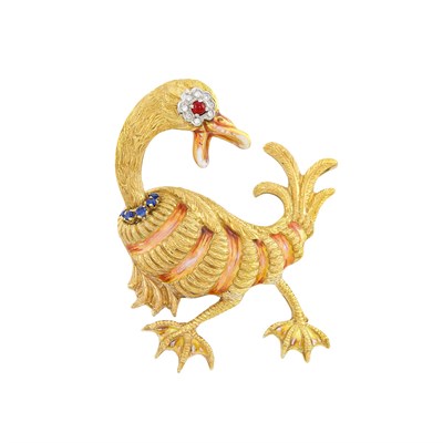 Lot 604 - Gold, Enamel, Diamond, Cabochon Ruby and Sapphire Goose Brooch