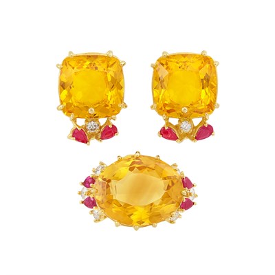 Lot 124 - Pair of Gold, Citrine, Ruby and Diamond Earclips and Ring
