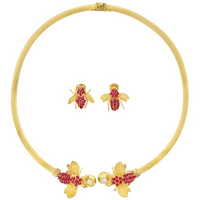 Lot 234 - Gold, Ruby and Diamond Torque Necklace and Pair of Earclips