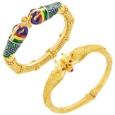 Lot 224 - Two Indian High Karat Gold, Enamel and Cabochon Ruby Bangle Bracelets
