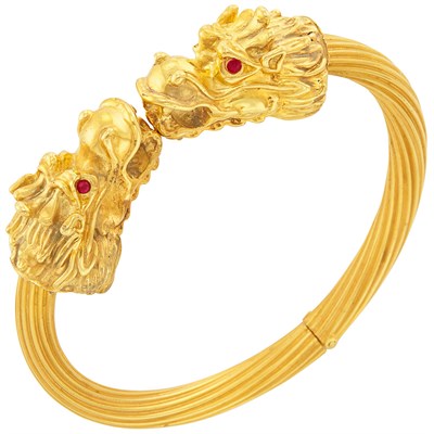 Lot 233 - Gold and Ruby Lion Head Bangle Bracelet
