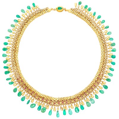 Lot 221 - Gold, Ruby and Emerald Bead Fringe Necklace