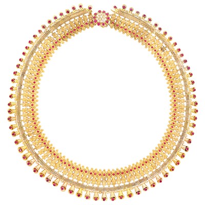 Lot 223 - Gold and Ruby, Synthetic Ruby and Cabochon Simulated Ruby Fringe Necklace with Diamond and Ruby Clasp
