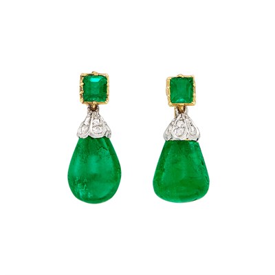 Lot 463 - Pair of Gold, Platinum, Emerald and Diamond Pendant-Earclips