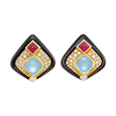 Lot 593 - Pair of Gold, Cabochon Aquamarine, Ruby, Diamond and Black Enamel Earclips, Marina B, France