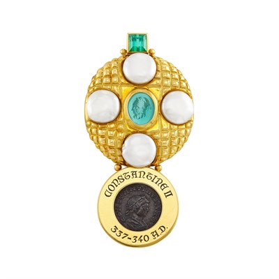 Lot 80 - Gold, Glass Cameo, Coin, Freshwater Pearl and Tourmaline Brooch, Elizabeth Gage