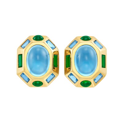 Lot 664 - Pair of Gold, Cabochon Blue Topaz and Tourmaline Earclips, Verdura