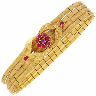 Lot 232 - Triple Strand Gold Swag Necklace and Gold and Ruby Bracelet