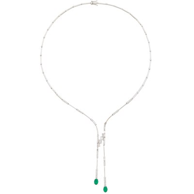 Lot 417 - White Gold, Diamond and Emerald Necklace