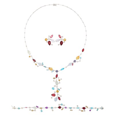 Lot 284 - White Gold, Gem-Set and Diamond Necklace, Bracelet and Pair of Earrings