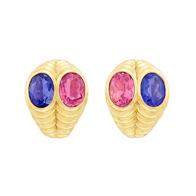 Lot 433 - Pair of Gold, Iolite and Pink Tourmaline Earclips, Bulgari