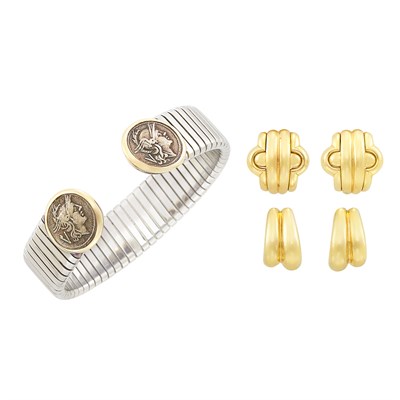 Lot 381 - Stainless Steel, Gold and Silver Coin 'Tubogas' Bangle Bracelet and Gold Earclips, Bulgari, and Pair of Gold Earclips