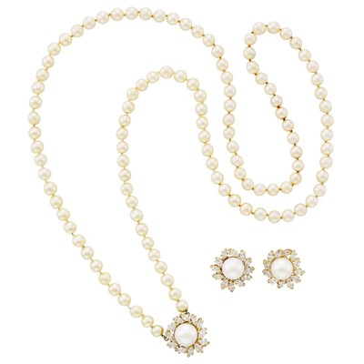 Lot 565 - Long Cultured Pearl, Gold, South Sea Cultured Pearl and Diamond Necklace and Pair of Earrings
