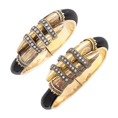 Lot 171 - Pair of Antique Low Karat Gold, Black Enamel and Diamond Bangle Bracelets
