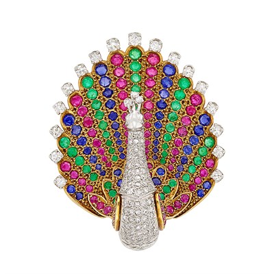 Lot 325 - Gold, Platinum, Gem-Set and Diamond Peacock Pendant-Brooch