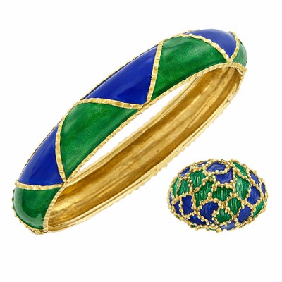 Lot 66 - Gold and Enamel Bangle Bracelet and Ring