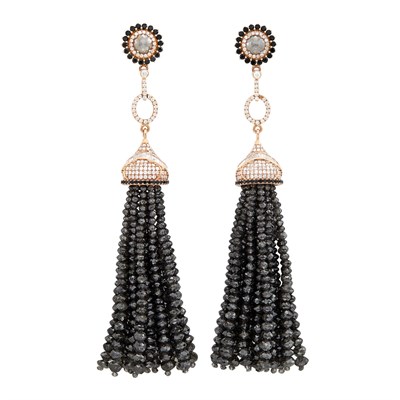 Lot 259 - Pair of Rose Gold, Diamond and Black Diamond Bead Fringe Pendant-Earrings