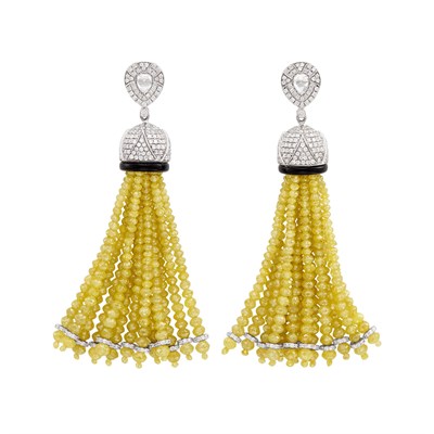 Lot 480 - Pair of White Gold, Yellow Diamond Bead, Black Onyx and Diamond Tassel Pendant-Earrings