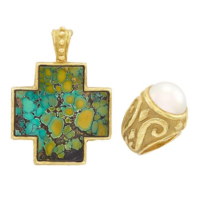Lot 606 - Gold and Turquoise Cross Pendant and Mabé Pearl Ring, Katy Briscoe