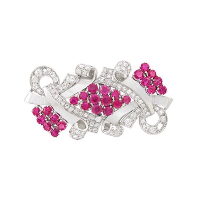Lot 317 - Platinum, Ruby and Diamond Double Clip-Brooch