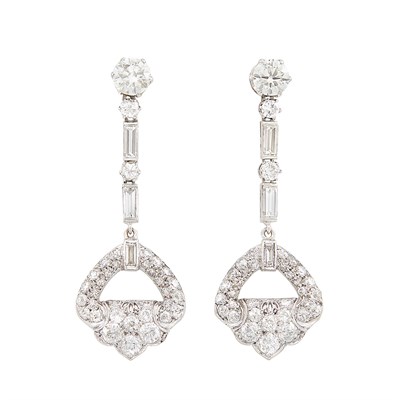 Lot 291 - Pair of Platinum and Diamond Pendant-Earrings