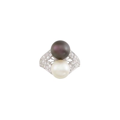 Lot 406 - Platinum, Cultured Pearl, Tahitian Black Cultured Pearl and Diamond Ring