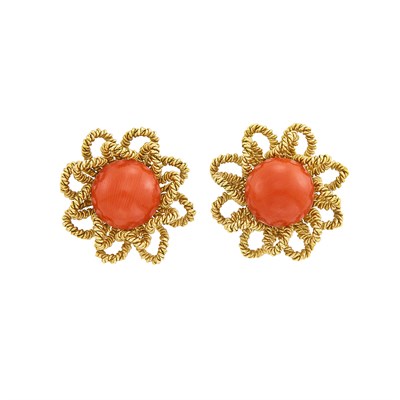 Lot 193 - Pair of Gold and Coral Earclips