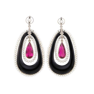 Lot 147 - Pair of White Gold, Black Onyx, Rubellite and Seed Pearl Pendant-Earclips
