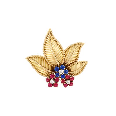 Lot 100 - Gold, Diamond, Ruby and Sapphire Leaf Brooch, France