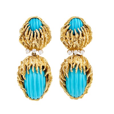Lot 610 - Pair of Gold, Fluted Turquoise and Diamond Pendant-Earclips