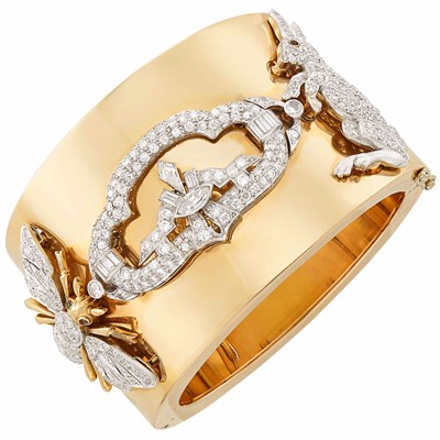 Lot 662 - Gold, Platinum and Diamond Cuff Bangle-Brooch Bracelet