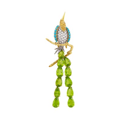 Lot 646 - Gold, Platinum, Peridot, Diamond, Yellow Diamond and Turquoise Bird Fringe Brooch