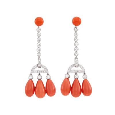 Lot 612 - Pair of Platinum, Coral and Diamond Pendant-Earrings