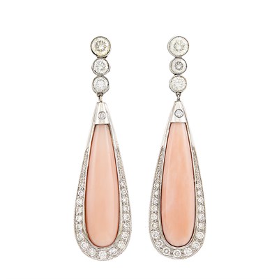 Lot 304 - Pair of Platinum, Diamond and Angel Skin Coral Pendant-Earrings