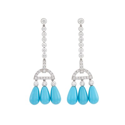 Lot 493 - Pair of Platinum, Diamond and Turquoise Pendant-Earrings
