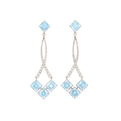Lot 287 - Pair of Platinum, Aquamarine and Diamond Pendant-Earrings