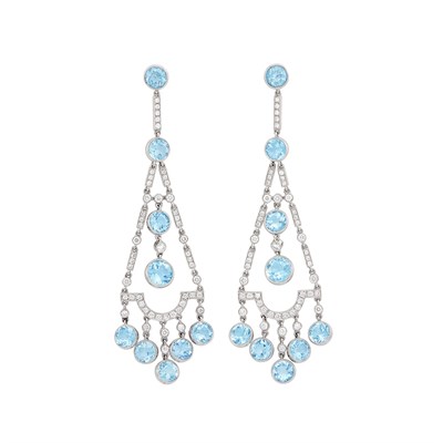 Lot 293 - Pair of Platinum, Aquamarine and Diamond Pendant-Earrings