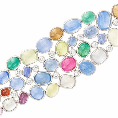 Lot 667 - White Gold, Multicolored Cabochon Sapphire, Quartz, Tourmaline and Diamond Cuff Bracelet, Michele della Valle