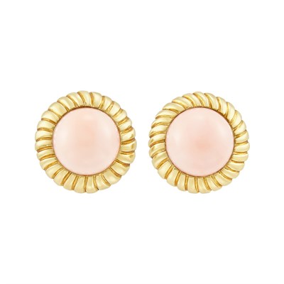 Lot 574 - Pair of Gold and Angel Skin Coral Earclips