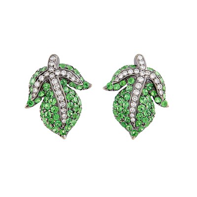 Lot 271 - Pair of Blackened Gold, Green Garnet and Diamond Leaf Earclips