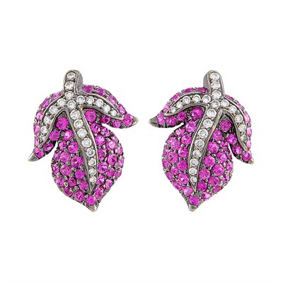 Lot 273 - Pair of Blackened Gold, Pink Sapphire and Diamond Leaf Earclips