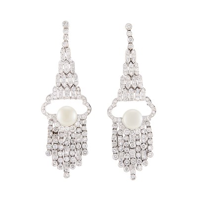 Lot 491 - Pair of Rhodium-Plated Gold, Freshwater Button Pearl and Diamond Pendant-Earrings