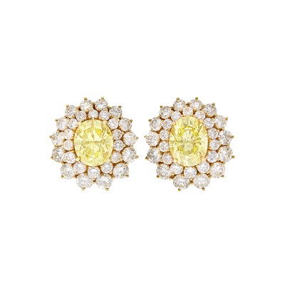 Lot 534 - Pair of Gold, Fancy Yellow and Fancy Intense Yellow Diamond and Diamond Earclips