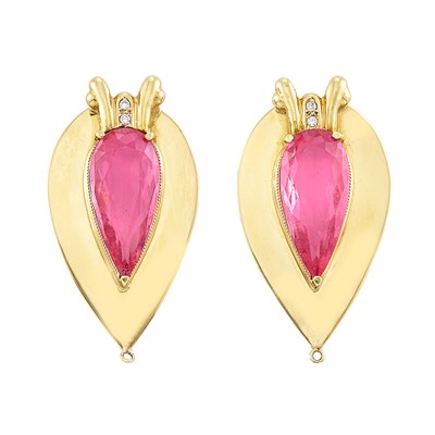 Lot 435 - Pair of Gold, Pink Tourmaline and Diamond Ear Pendants