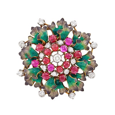 Lot 57 - Gold, Platinum, Diamond, Cabochon Ruby and Enamel Clip-Brooch